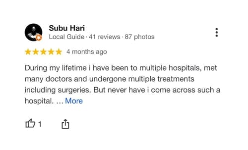 A 5-star review and rating has been provided by Subu Hari for Sri Balaji Hospital, the best multispecialty hospital in Chennai.